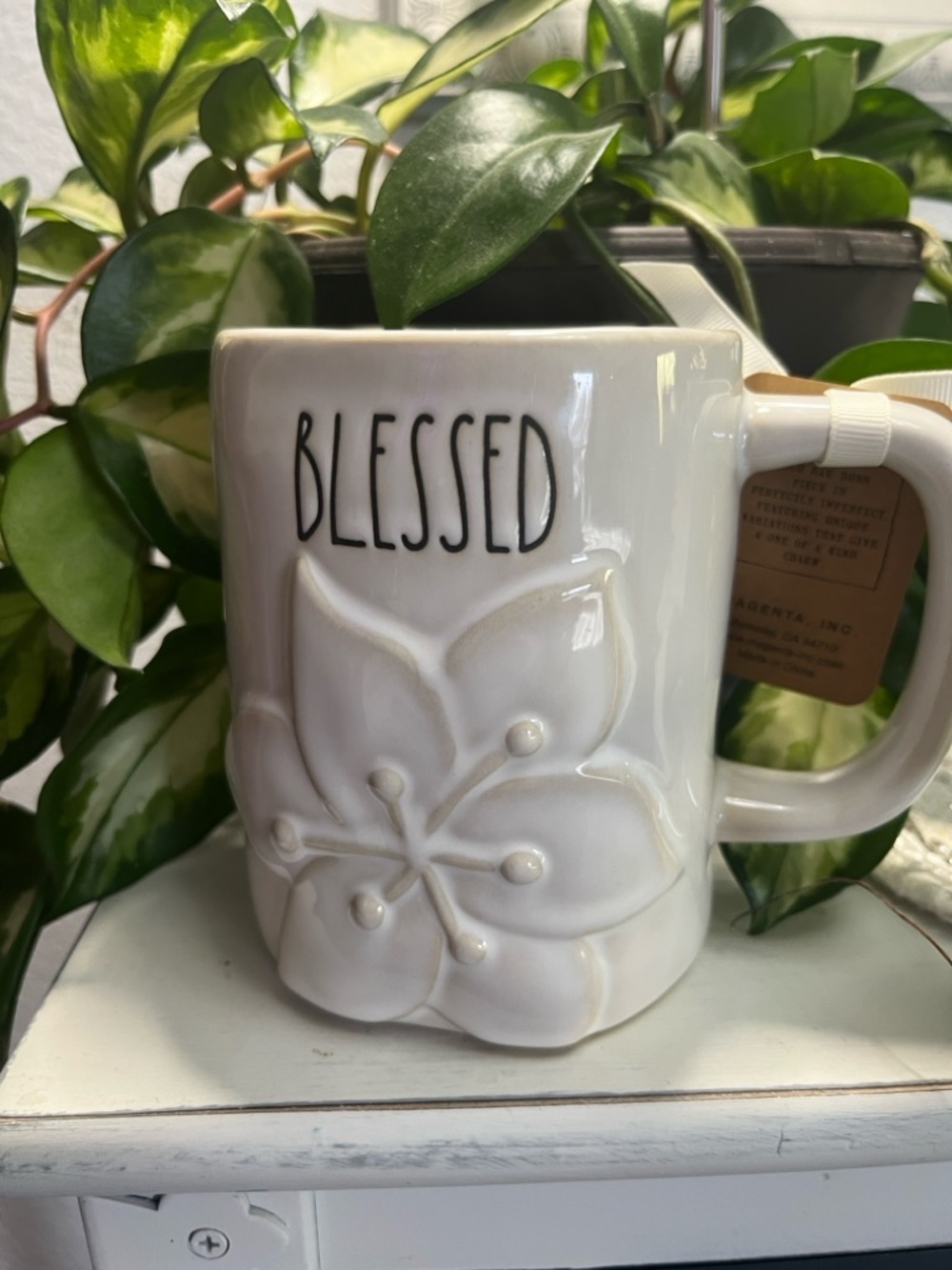 Rae Dunn White 'BLESSED' Floral Ceramic Mug